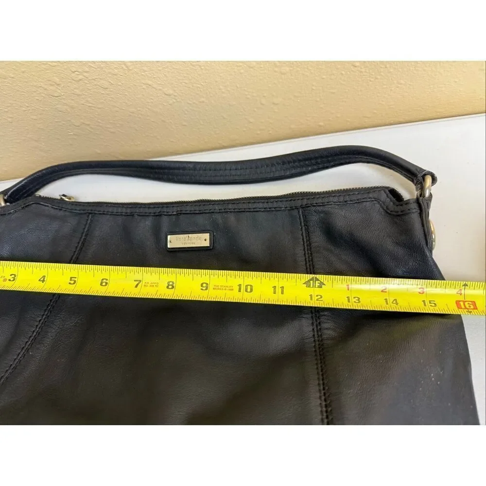 Kate Spade Classic Black Leather Purse with Zip Closure & Striped Lining